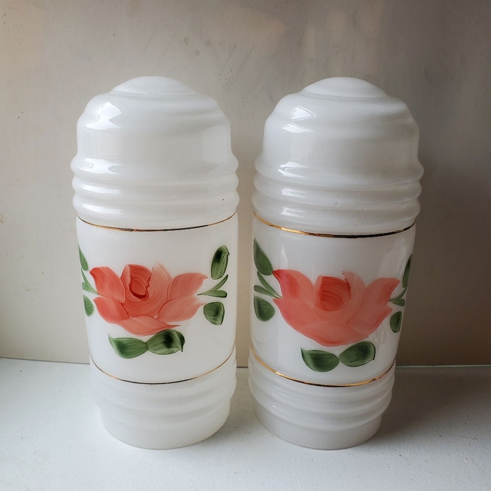 Vintage Pair School House Glass Globe Table Lamp Shades Hand Painted Rose. 7.5in
